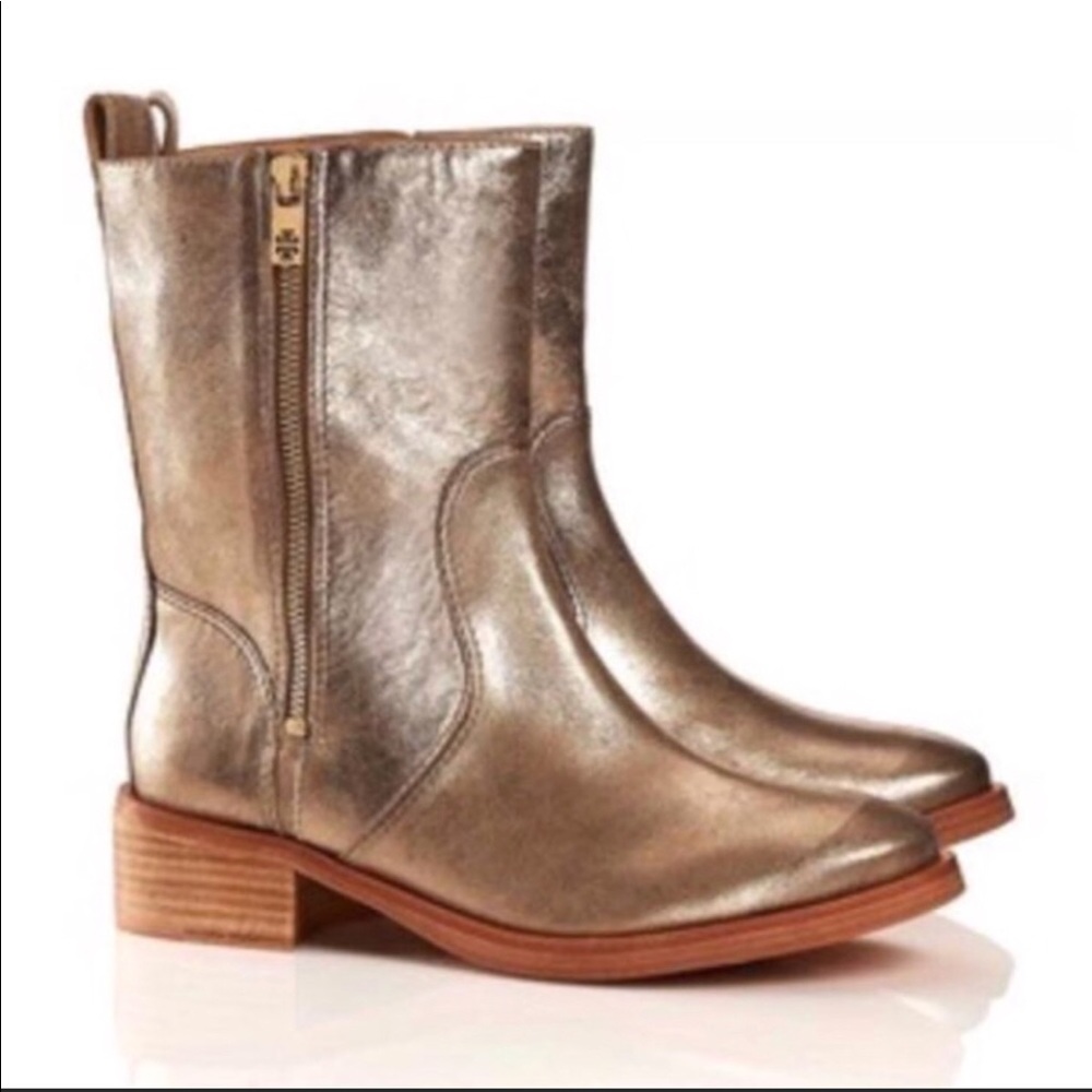 Tory Burch Authentic Moto Gold Leather Boots.